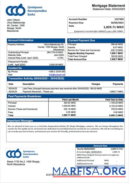 Realistic North Macedonia Centralna Kooperativna Banka AD Skopje mortgage statement Word and PDF template